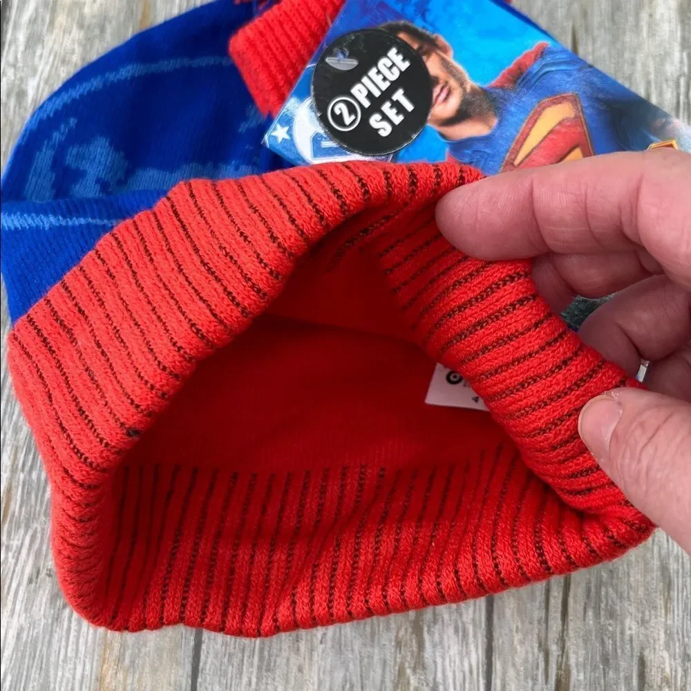 Boys Superman Beanie Hat & Glove Set Winter